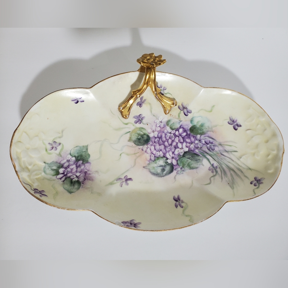 Rare,Antique Hand Painted, Signed WG Co Embossed Limoges Porcelain Tray w/Handle